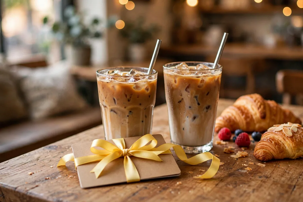 Better Buzz Coffee gift card deal with yellow ribbon, iced coffees and croissants
