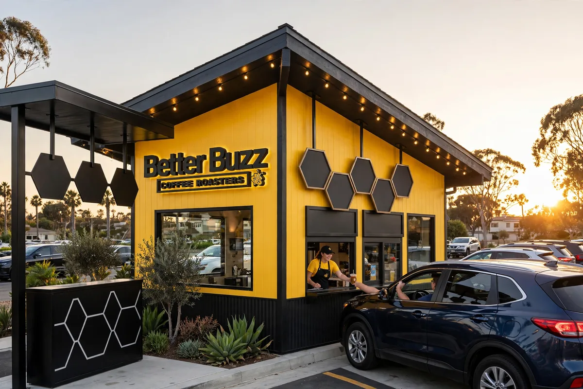 Better Buzz Coffee locations: drive thru cafe at sunset