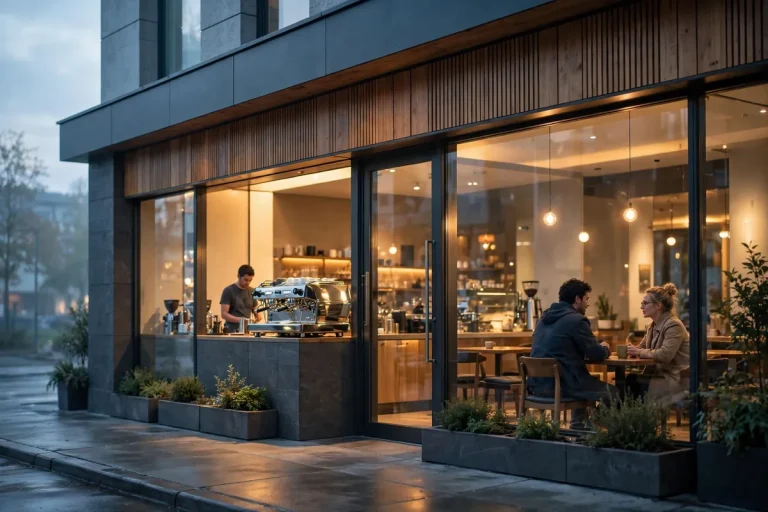 Better Buzz Coffee working hours: cafe storefront at dawn