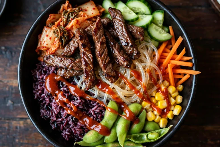 BIBIBOP menu prices: Korean bibimbap bowl with purple rice and Korean BBQ beef
