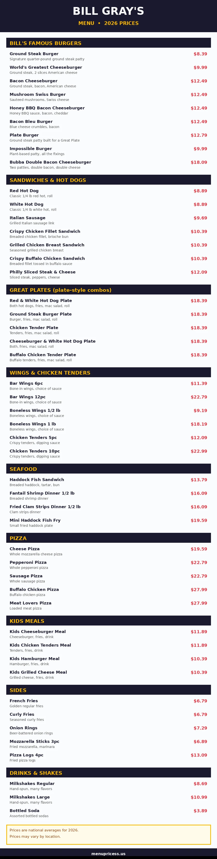 Bill Gray's menu prices 2026 full menu card graphic