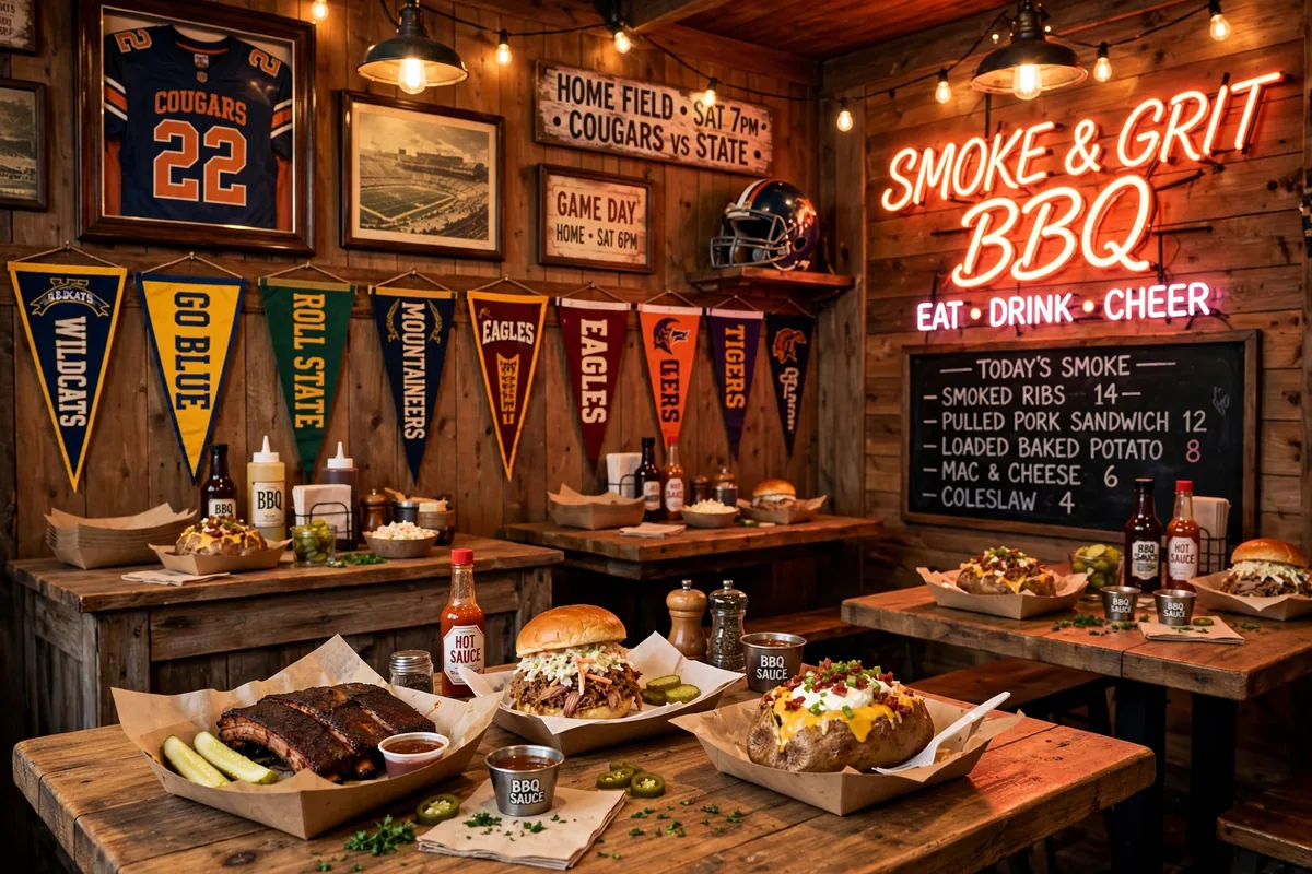 Billy Sims Barbecue restaurant interior with smoked ribs and game day spread