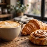 birch coffee menu prices 2026 flat white with latte art, croissant and cinnamon roll