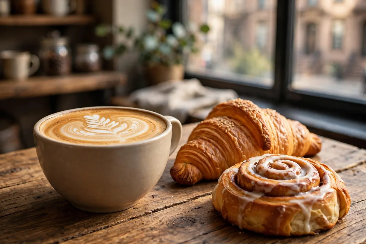 birch coffee menu prices 2026 flat white with latte art, croissant and cinnamon roll