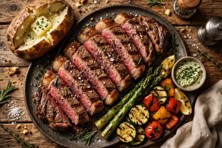 Black Angus Steakhouse menu prices 2026 sliced ribeye steak baked potato and grilled vegetables