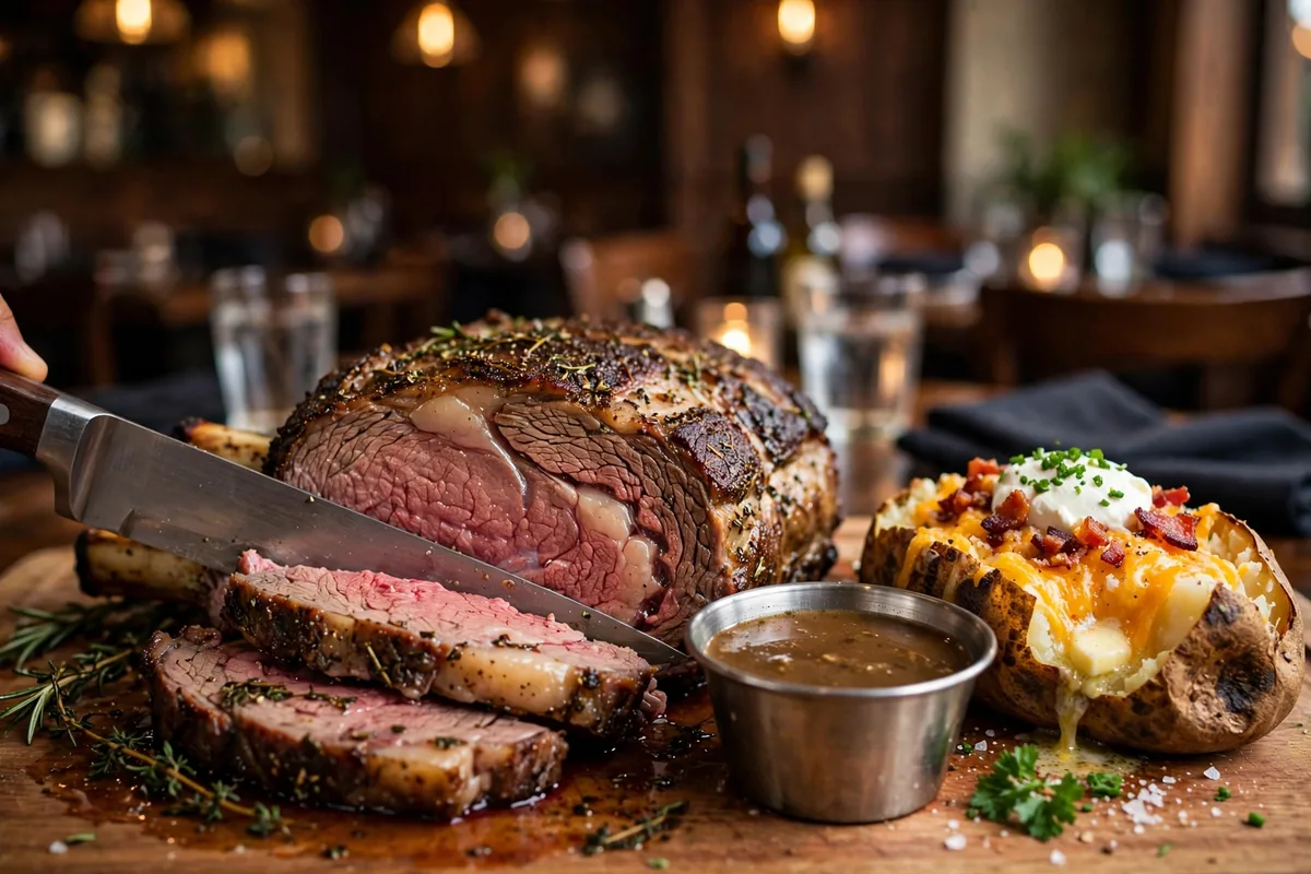 Black Angus Steakhouse menu prices 2026 prime rib carving with loaded baked potato