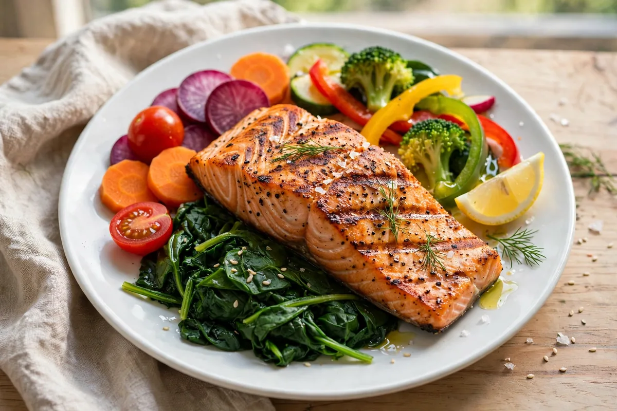 Black Bear Diner lowest calorie meal: grilled salmon with spinach and fresh vegetables