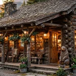 Black Bear Diner log cabin storefront with bear statue