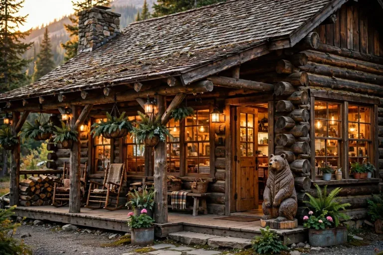 Black Bear Diner log cabin storefront with bear statue