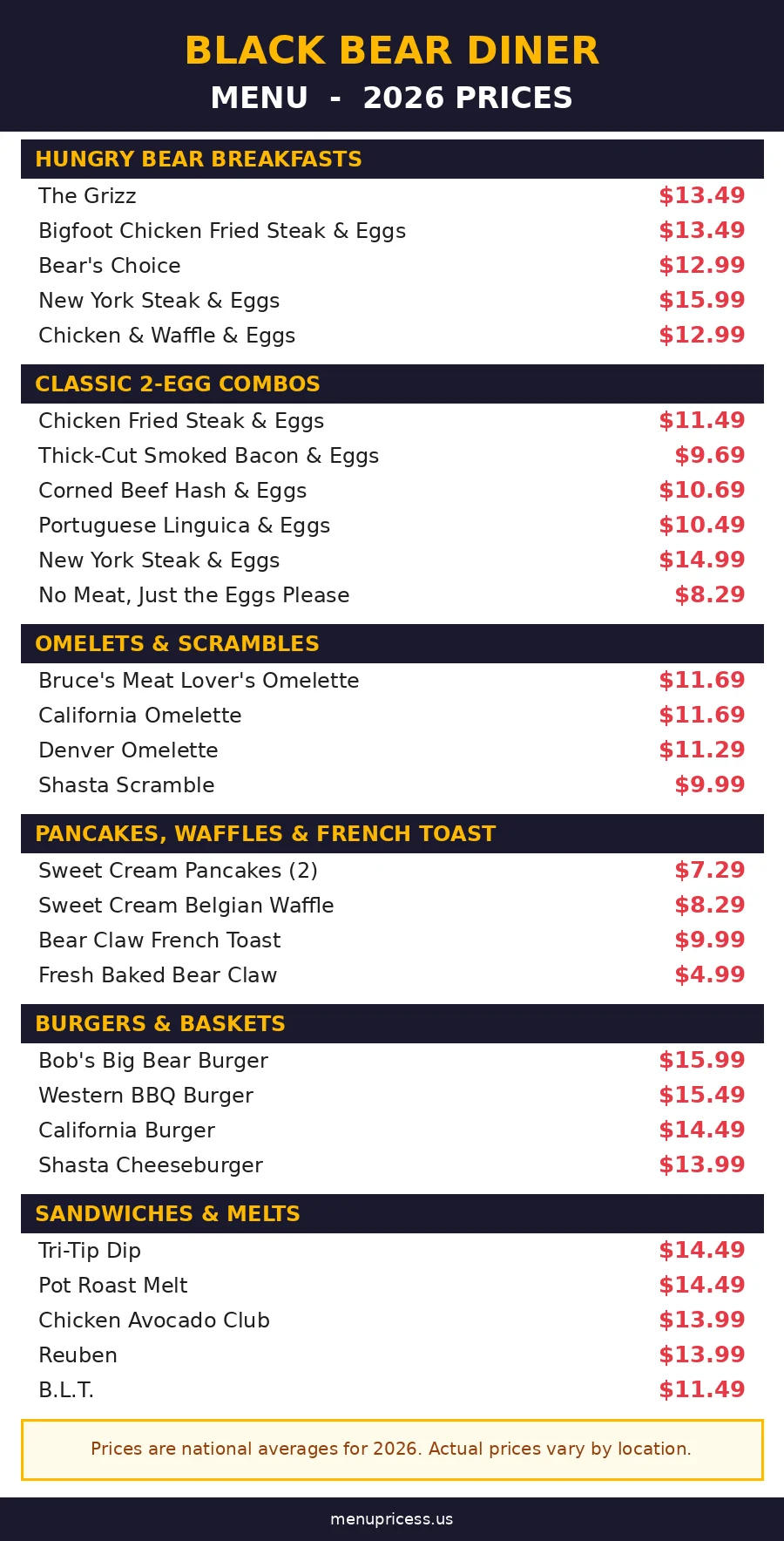 Black Bear Diner menu card with 2026 prices
