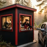 Black Rock Coffee Bar drive-thru coffee shop exterior at golden hour