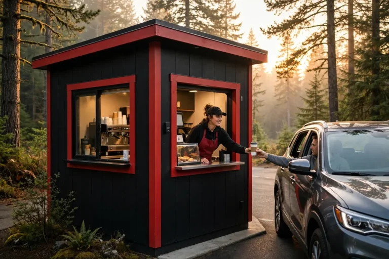 Black Rock Coffee Bar drive-thru coffee shop exterior at golden hour