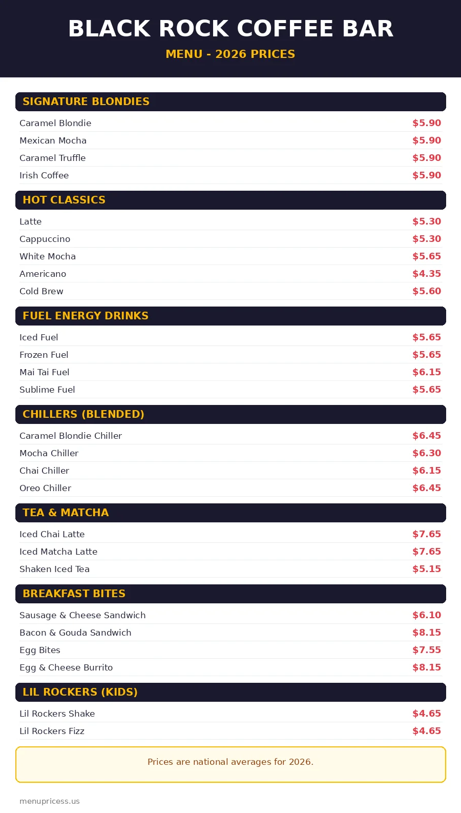 Black Rock Coffee Bar menu card with 2026 prices
