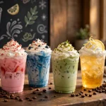 Black Rock Coffee Bar secret menu drinks: colorful iced coffee and energy drinks on a coffee shop counter