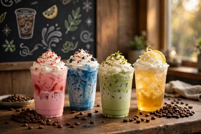 Black Rock Coffee Bar secret menu drinks: colorful iced coffee and energy drinks on a coffee shop counter
