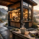 Black Rock Coffee Bar storefront at sunrise, open 5 AM to 7 PM most days