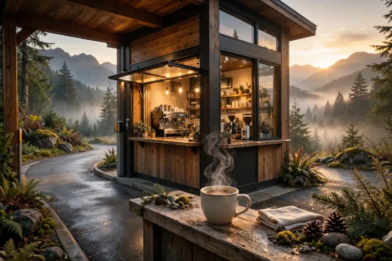Black Rock Coffee Bar storefront at sunrise, open 5 AM to 7 PM most days
