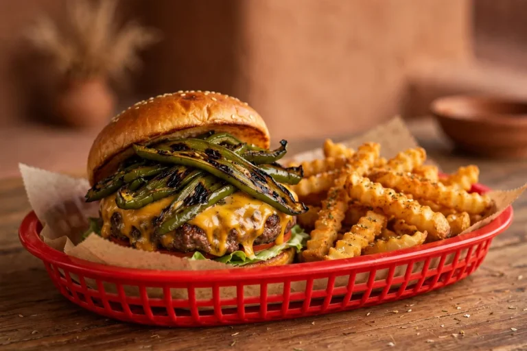 Blakes Lotaburger calories nutrition guide: green chile cheeseburger with seasoned fries