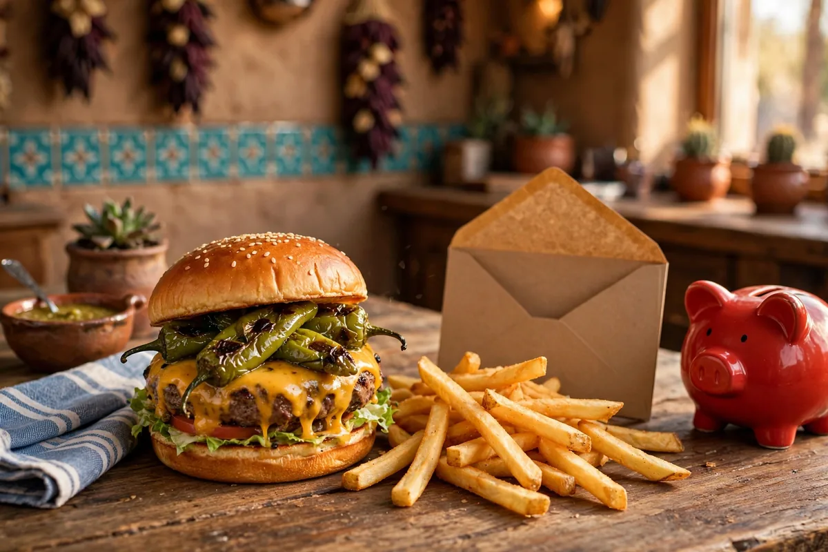 Blakes Lotaburger deals: green chile cheeseburger with fries and a coupon envelope