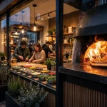 Blaze Pizza restaurant storefront with open-flame pizza oven