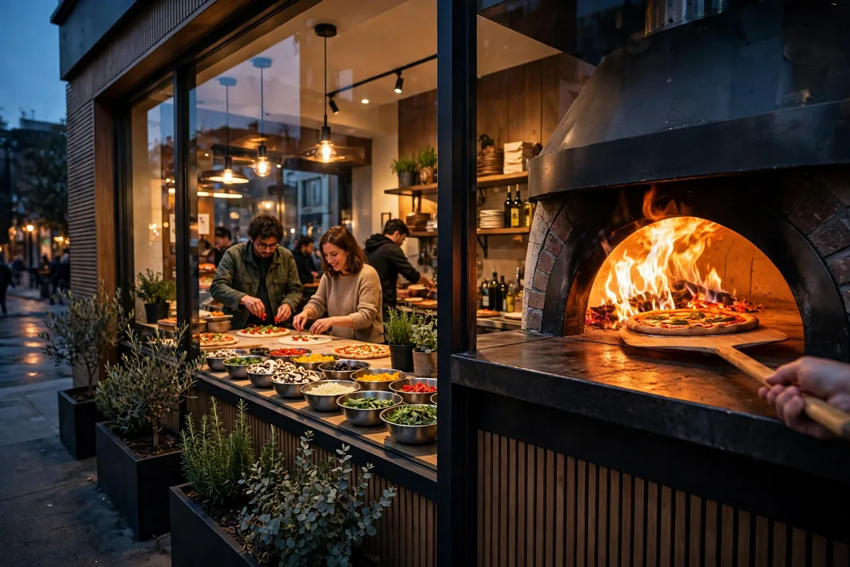 Blaze Pizza restaurant storefront with open-flame pizza oven