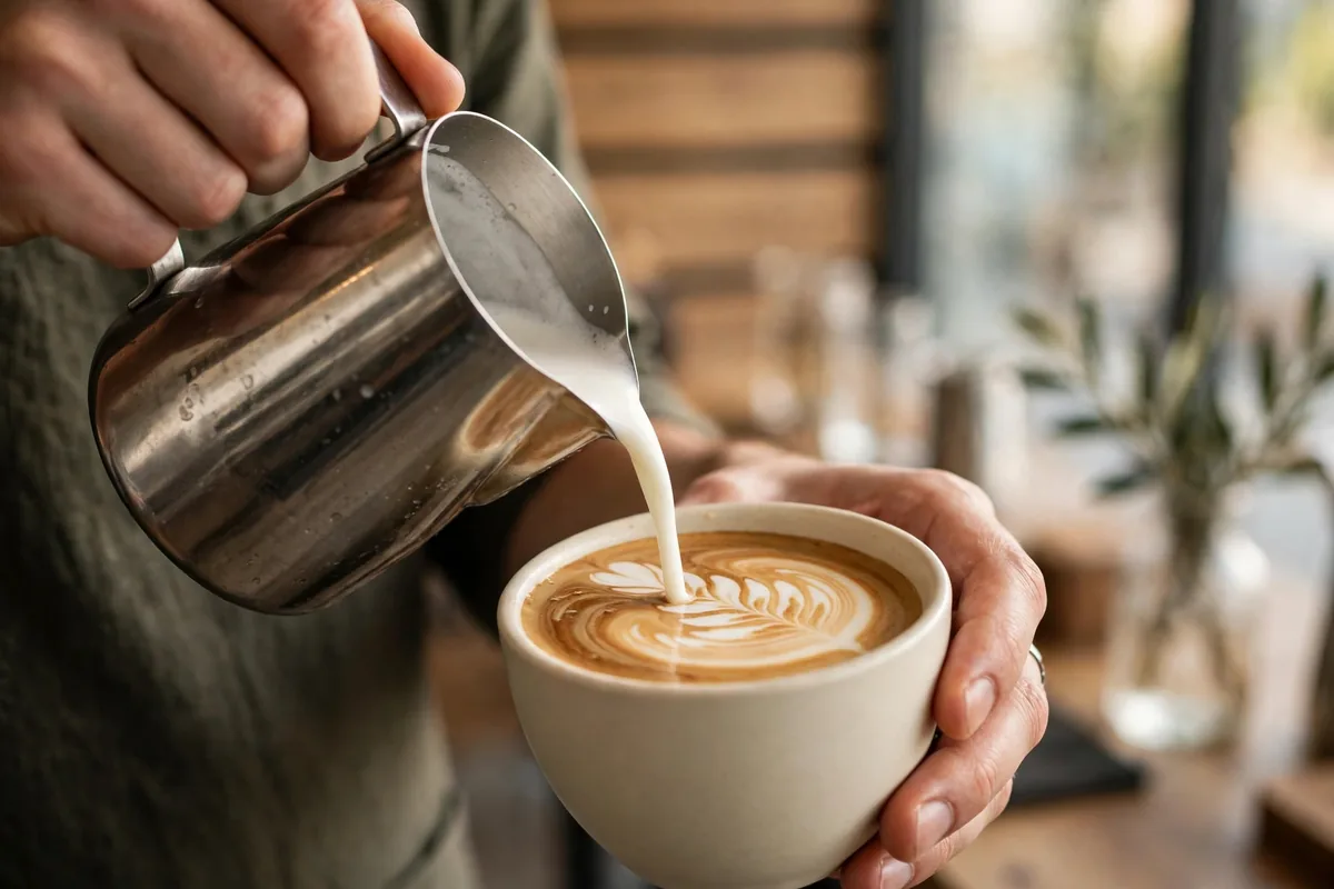 Blue Bottle Coffee menu 2026 barista pouring latte art at cafe counter
