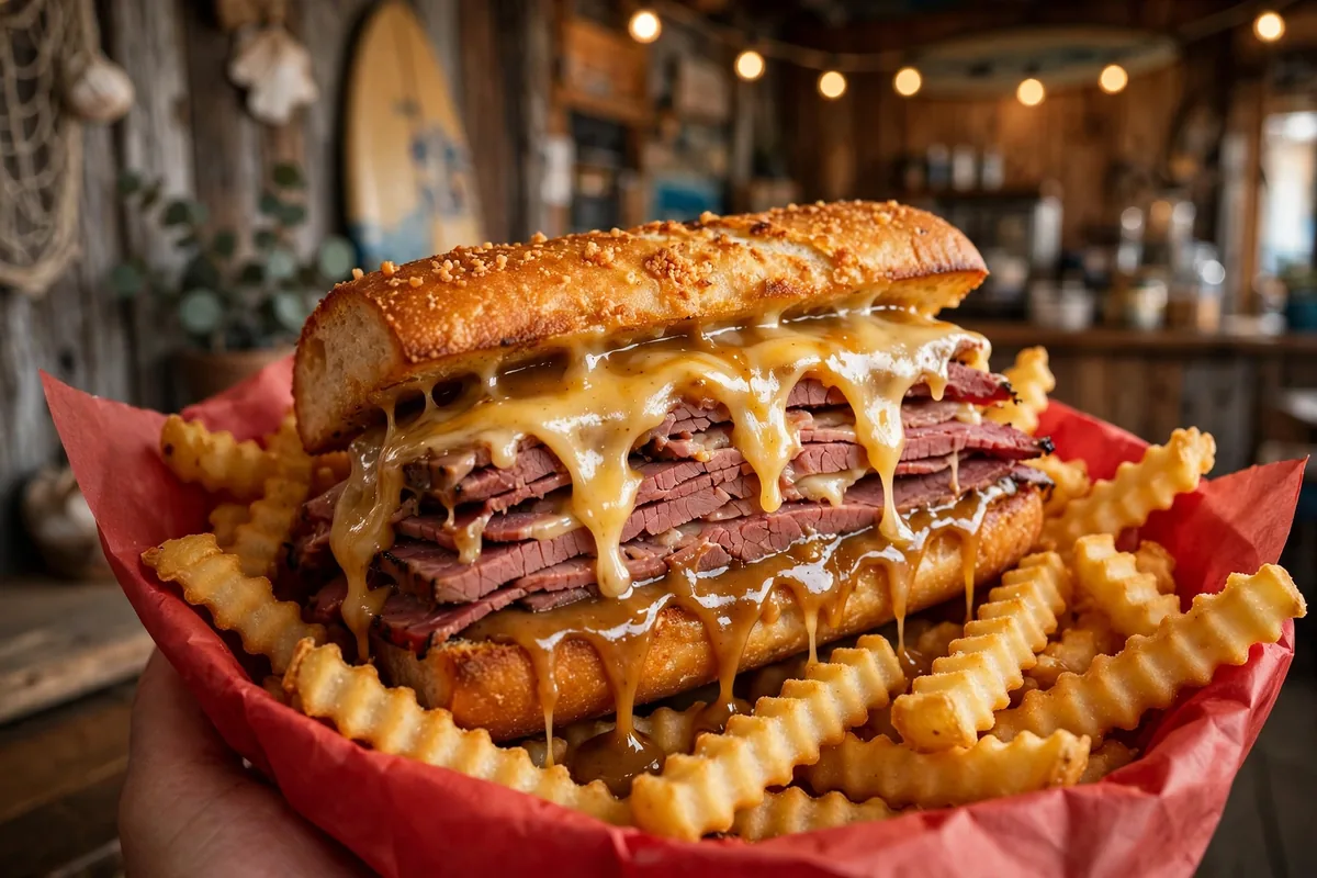 Board and brew menu prices 2026: stacked pastrami sandwich and fries