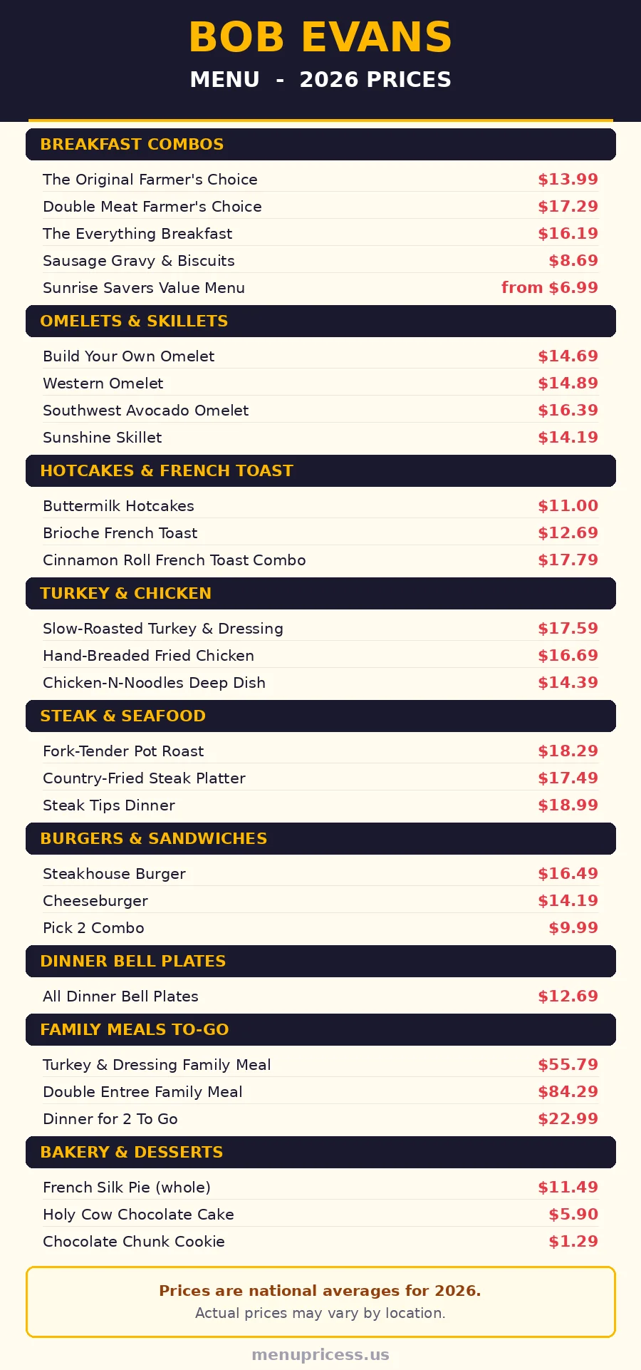 Bob Evans menu prices 2026 menu card