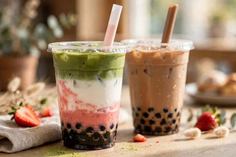 Boba Guys menu prices 2026 strawberry matcha latte and classic milk tea with boba