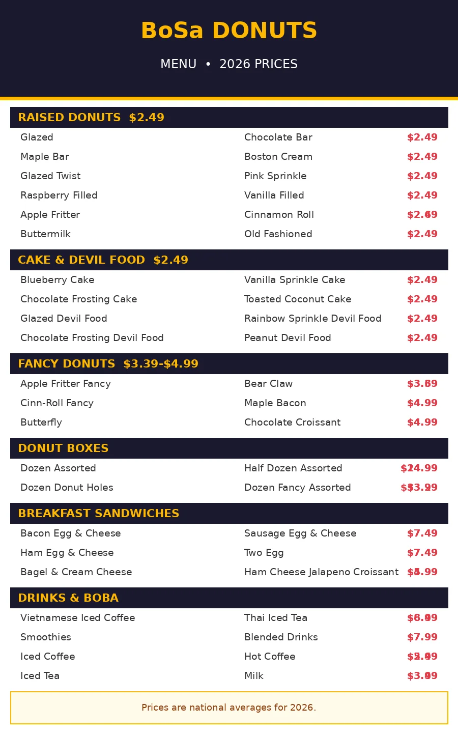 BoSa Donuts menu prices 2026 menu card graphic