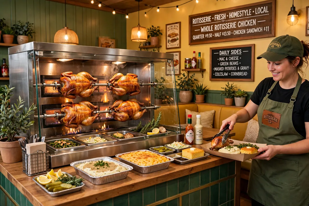 Boston Market rotisserie chicken restaurant interior with chickens roasting on the spit