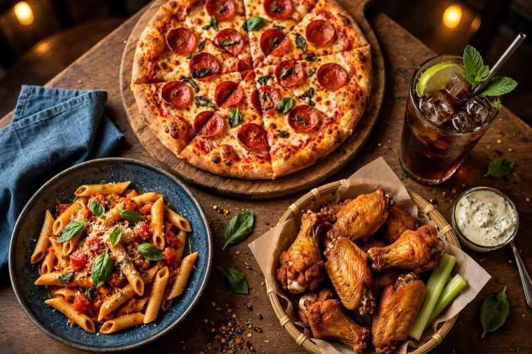 Bostons restaurant menu prices 2026 pizza pasta wings sports bar table spread