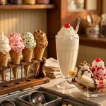Ice cream cones and a shake on a parlor counter, illustrating braums calories and nutrition at Braum's