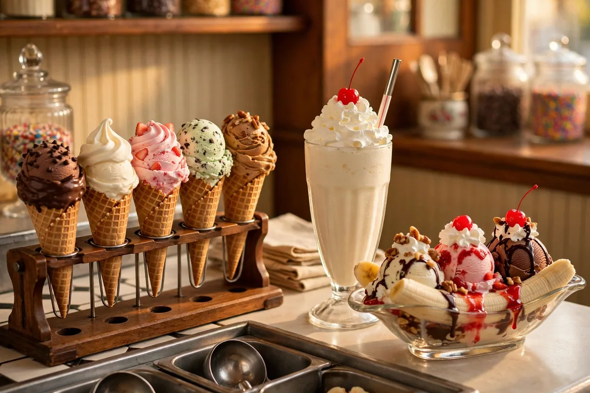 Ice cream cones and a shake on a parlor counter, illustrating braums calories and nutrition at Braum's