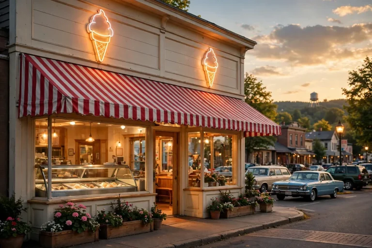 Braum's locations storefront at golden hour with a red and white striped awning