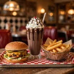 Braums secret menu items: custom milkshake, cheeseburger and crinkle-cut fries on a diner tray
