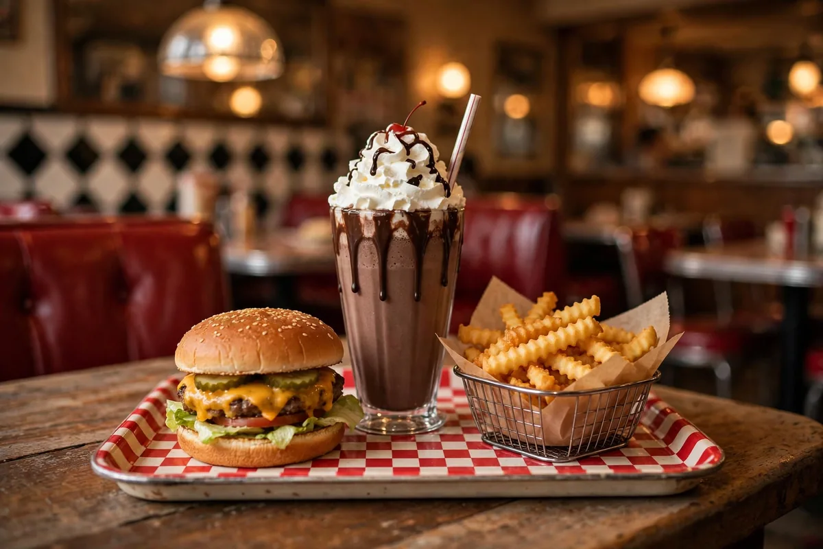 Braums secret menu items: custom milkshake, cheeseburger and crinkle-cut fries on a diner tray