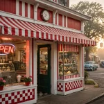 Braum's working hours, Braum's storefront with OPEN sign glowing at sunrise