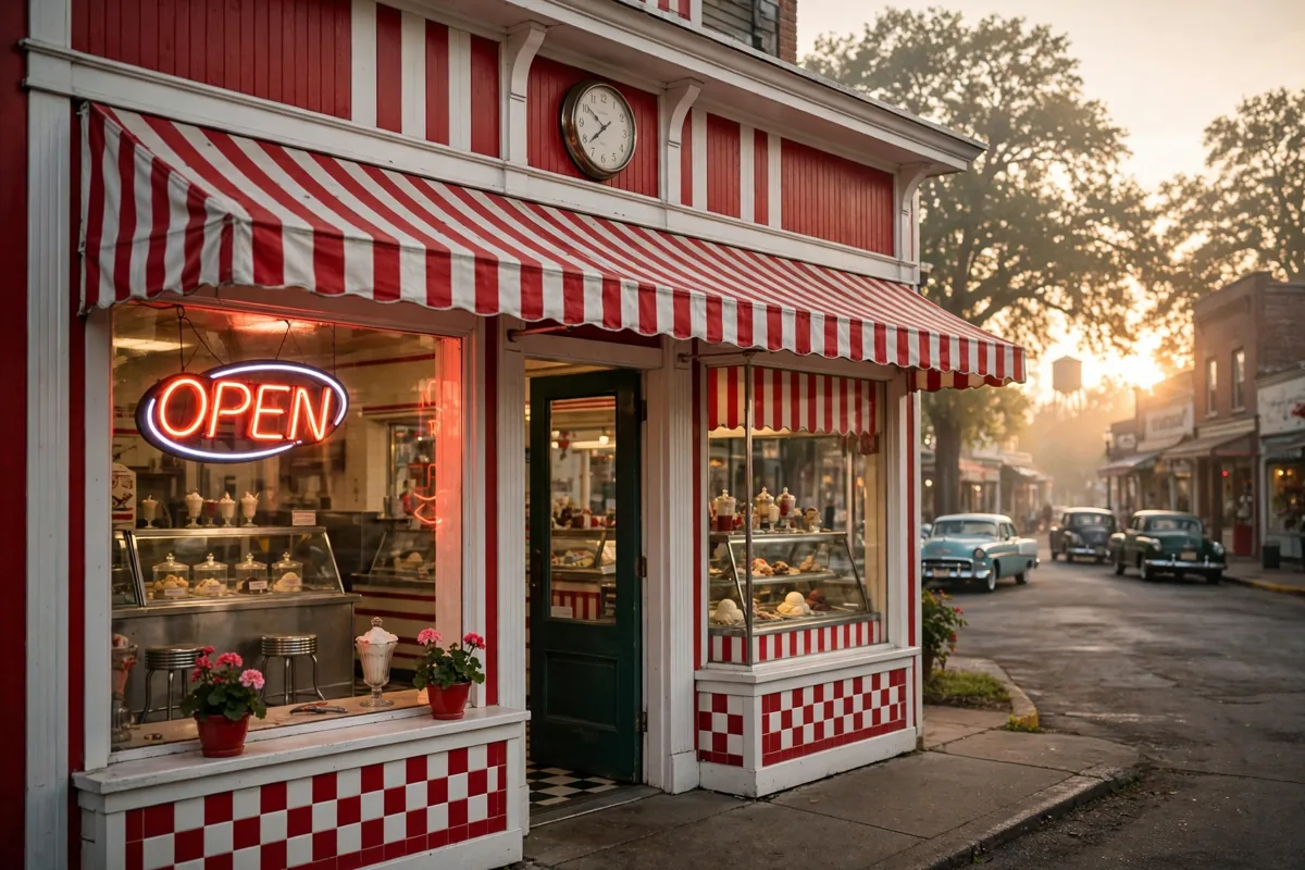 Braum's working hours, Braum's storefront with OPEN sign glowing at sunrise