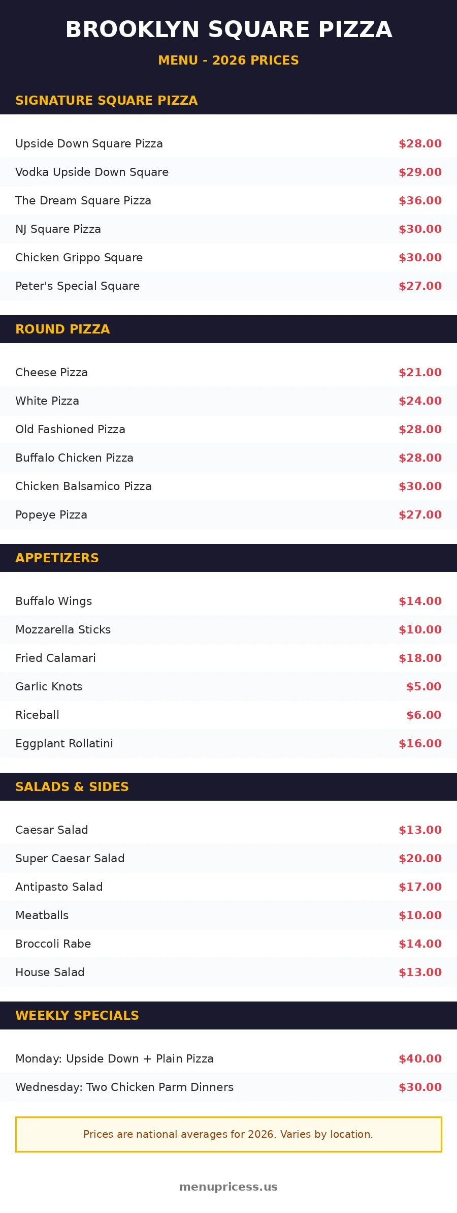 Brooklyn Square Pizza menu card with 2026 prices