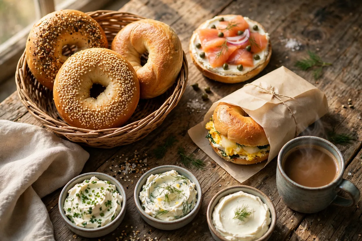 Bruegger's Bagels bagels with cream cheese, egg sandwich and coffee