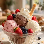 Bruster's menu calories: sundae with ice cream scoops, berries and waffle stick