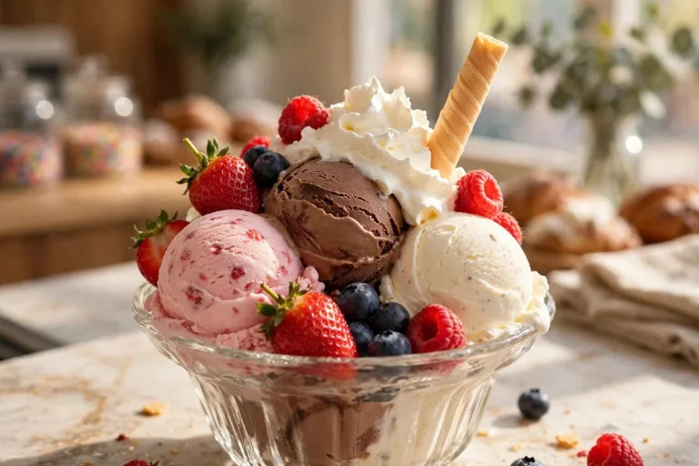 Bruster's menu calories: sundae with ice cream scoops, berries and waffle stick