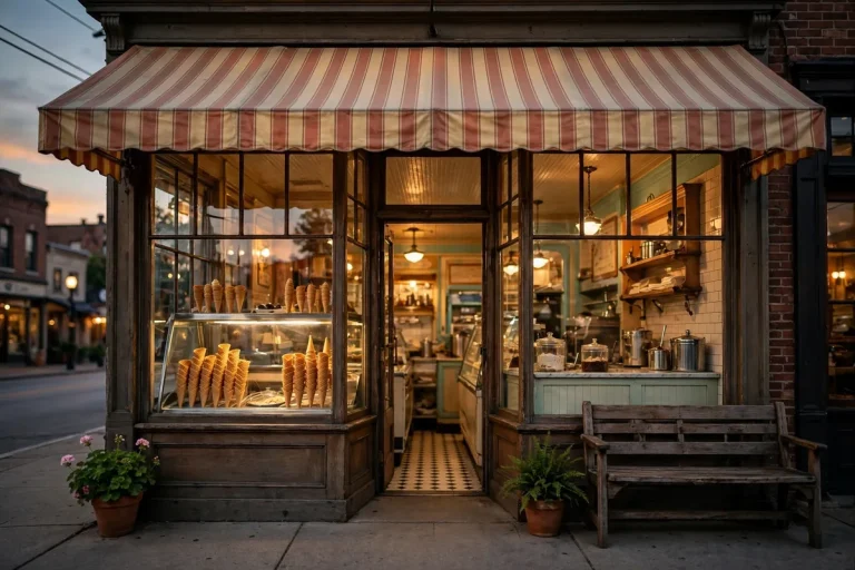 Bruster's working hours guide: old-fashioned ice cream parlor storefront glowing at dusk