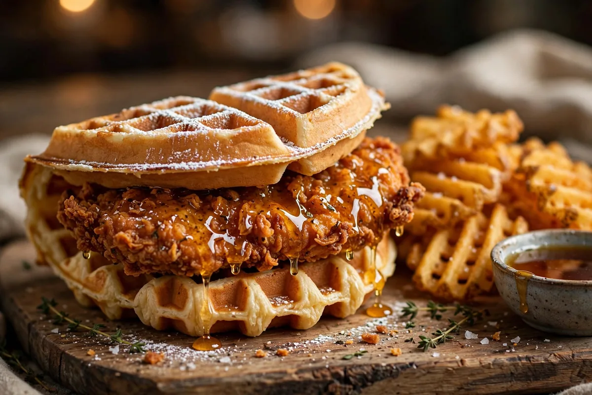 Bruxie menu prices 2026 - crispy fried chicken waffle sandwich with waffle fries