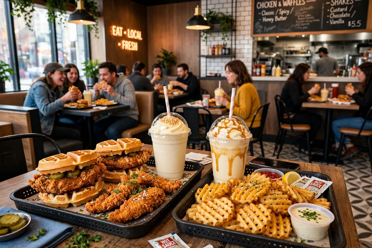 Bruxie chicken and waffles menu prices 2026 - waffle sandwiches, tenders and shakes on the table