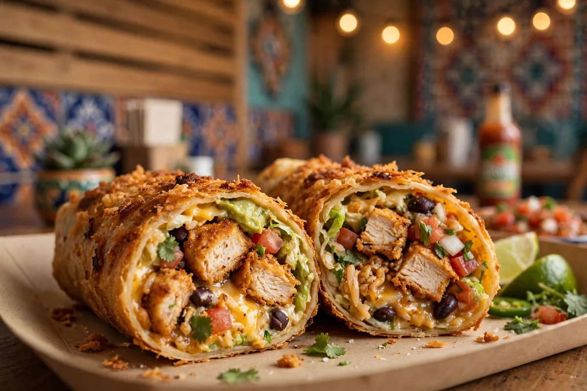 Bubbakoo's Burritos menu prices 2026 crispy chicken burrito close-up with curly fries