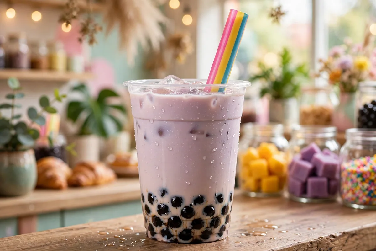 Bubbleology menu prices 2026 taro boba milk tea with rainbow straw