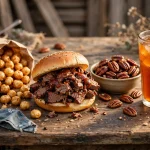 Buc-ee's menu prices 2026: chopped brisket sandwich, Beaver Nuggets, glazed pecans and sweet tea road trip spread