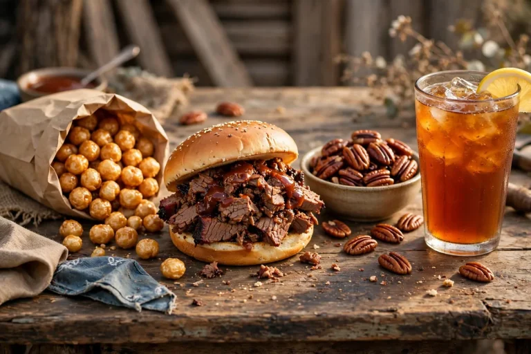 Buc-ee's menu prices 2026: chopped brisket sandwich, Beaver Nuggets, glazed pecans and sweet tea road trip spread